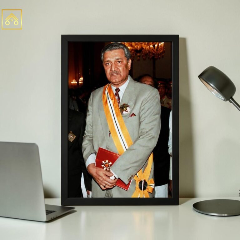 Close up view of Abdul Qadeer Khan portrait frame showing HD print quality wooden border and glass finish option
