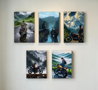Pack of 5 Bike Adventure Photo Tiles motorcycle mountain road wall frames MDF peel and stick decor