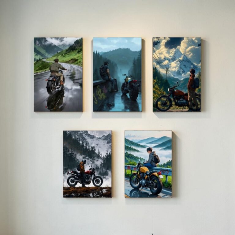 Pack of 5 Bike Adventure Photo Tiles motorcycle mountain road wall frames MDF peel and stick decor