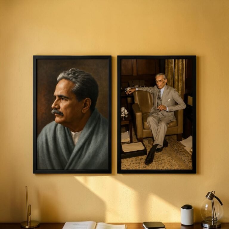 Allama Iqbal HD portrait wall frame with black wooden border for home and office decor Pakistan
