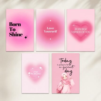 Pink Motivational Sticky MDF Photo Tiles Pack of 5 Wall Decor for Bedroom and Living Room