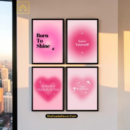 Close-up view of wooden pink aura wall frame showing motivational quote “Love Yourself” with laminated finish print
