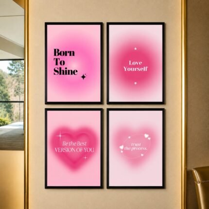 Set of 4 Pink Aura Aesthetic Wall Art Frames displayed on bedroom wall with motivational quotes and soft pink gradient design