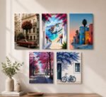 Pack of 5 Scenic Landscape Sticky MDF Frames for Living Room Bedroom and Office Decor