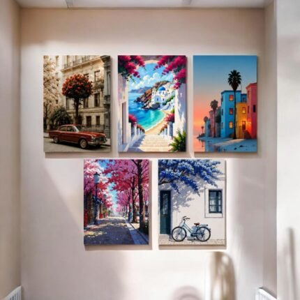 Self Adhesive MDF Wall Art Set with European Street and Nature Inspired Designs