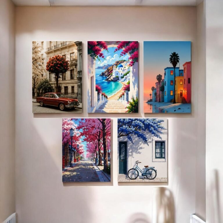 Self Adhesive MDF Wall Art Set with European Street and Nature Inspired Designs