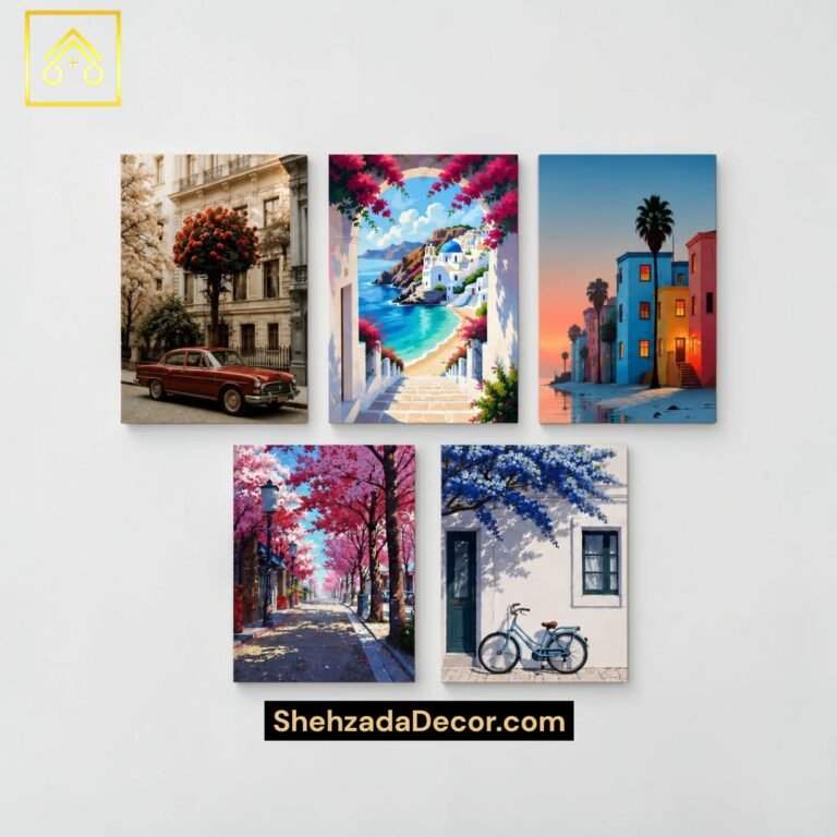 Pack of 5 Aesthetic European Street and Coastal Landscape Sticky MDF Wall Frames for Home Decor