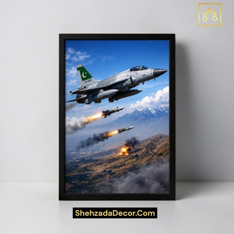 ShehzadaDecor PAK ARMY FIGHTERJET frame closeup showing premium hardwood border craftsmanship, 3.2mm MDF backing, and 1.5mm acrylic glass detail