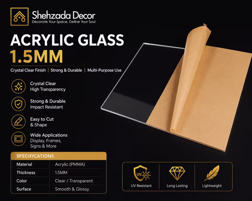 Close-up of ShehzadaDecor 1.5mm acrylic glass sheet with laser-cut edge