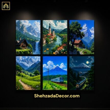 ShehzadaDecor 6 Pieces Scenic Nature & Mountain Wall Frame Set displayed on living room wall