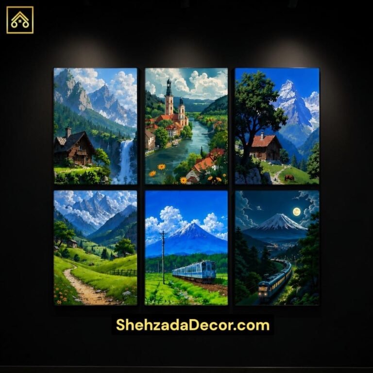 ShehzadaDecor 6 Pieces Scenic Nature & Mountain Wall Frame Set displayed on living room wall