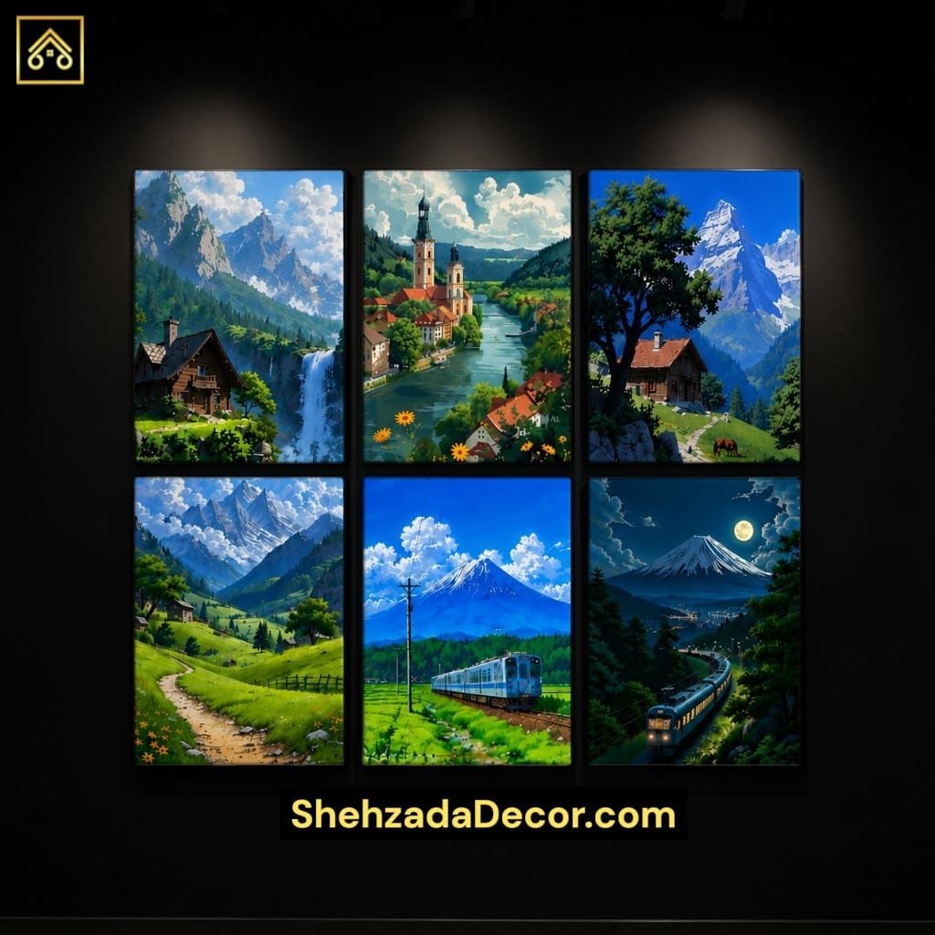 Scenic Nature & Mountain Wall Frame Set by ShehzadaDecor ShehzadaDecor 6 Pieces Scenic Nature & Mountain Wall Frame Set displayed on living room wall