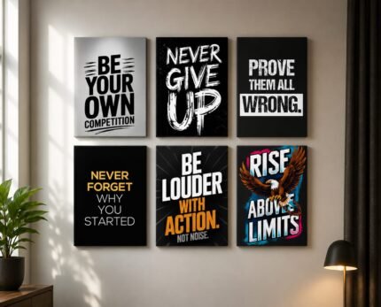 ShehzadaDecor 6-Piece Motivational Quote Wall Art Set displayed on modern living room wall