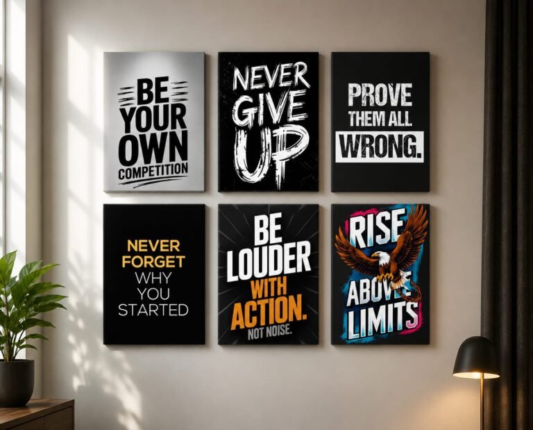 ShehzadaDecor 6-Piece Motivational Quote Wall Art Set displayed on modern living room wall