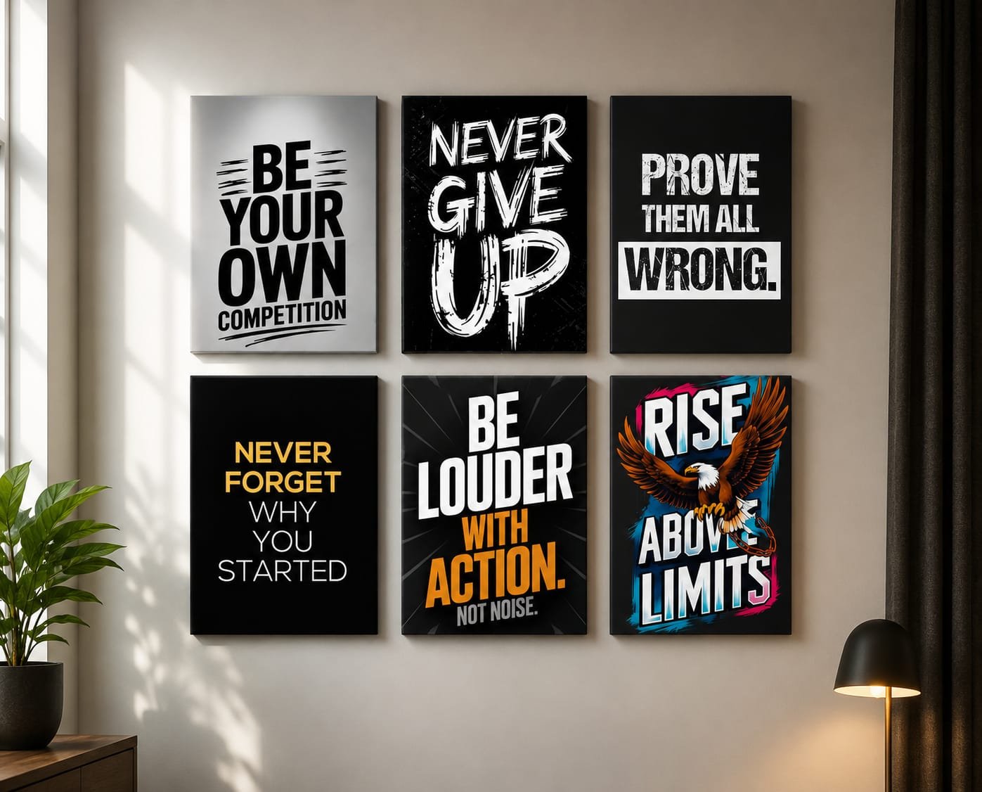 Piece Motivational Wall Art Set – ShehzadaDecor ShehzadaDecor 6-Piece Motivational Quote Wall Art Set displayed on modern living room wall