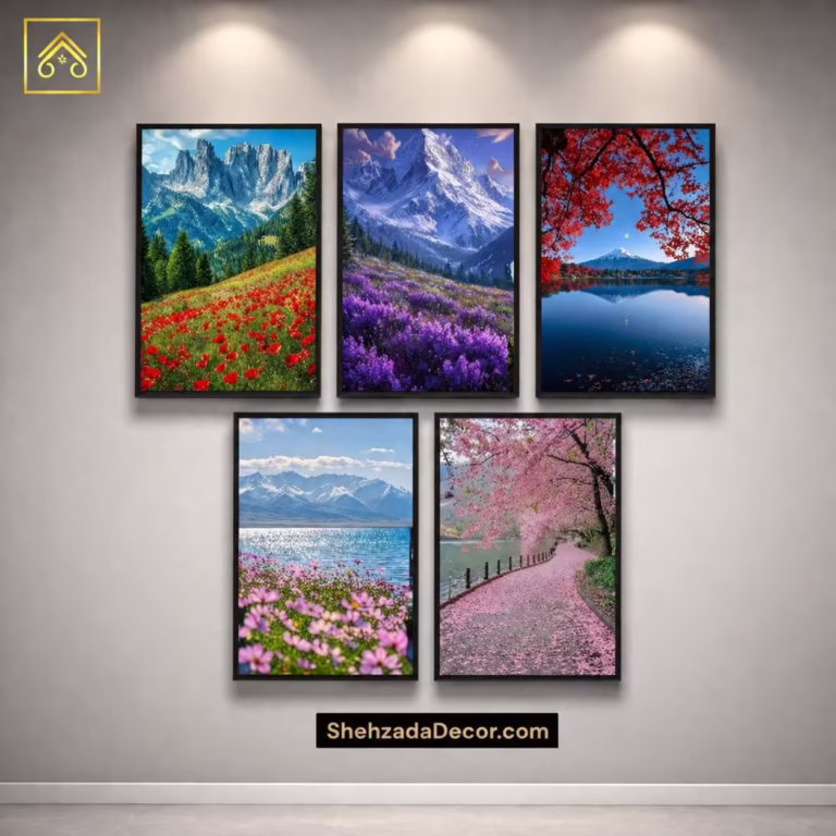 ShehzadaDecor 5 Piece Natural Scenery Mountain Landscape Wall Art Frame Set in living room