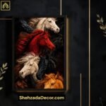Majestic Seven Horses in dynamic motion wooden glass frame by ShehzadaDecor in a luxury living room