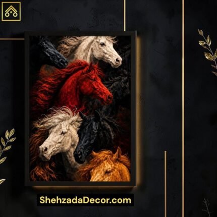 Majestic Seven Horses in dynamic motion wooden glass frame by ShehzadaDecor in a luxury living room