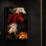 Closeup of the premium acrylic glass and wooden finish on the Majestic Seven Horses frame.