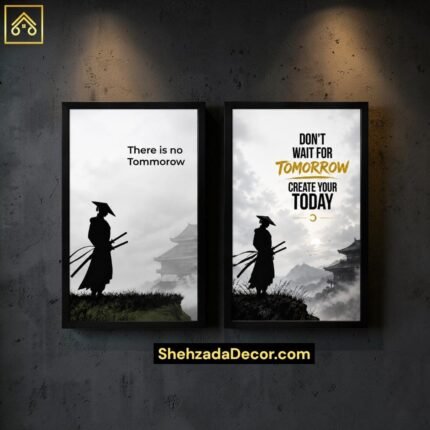 ShehzadaDecor Samurai Motivational 2-Piece Wooden Wall Frame Set hanging in a modern living room